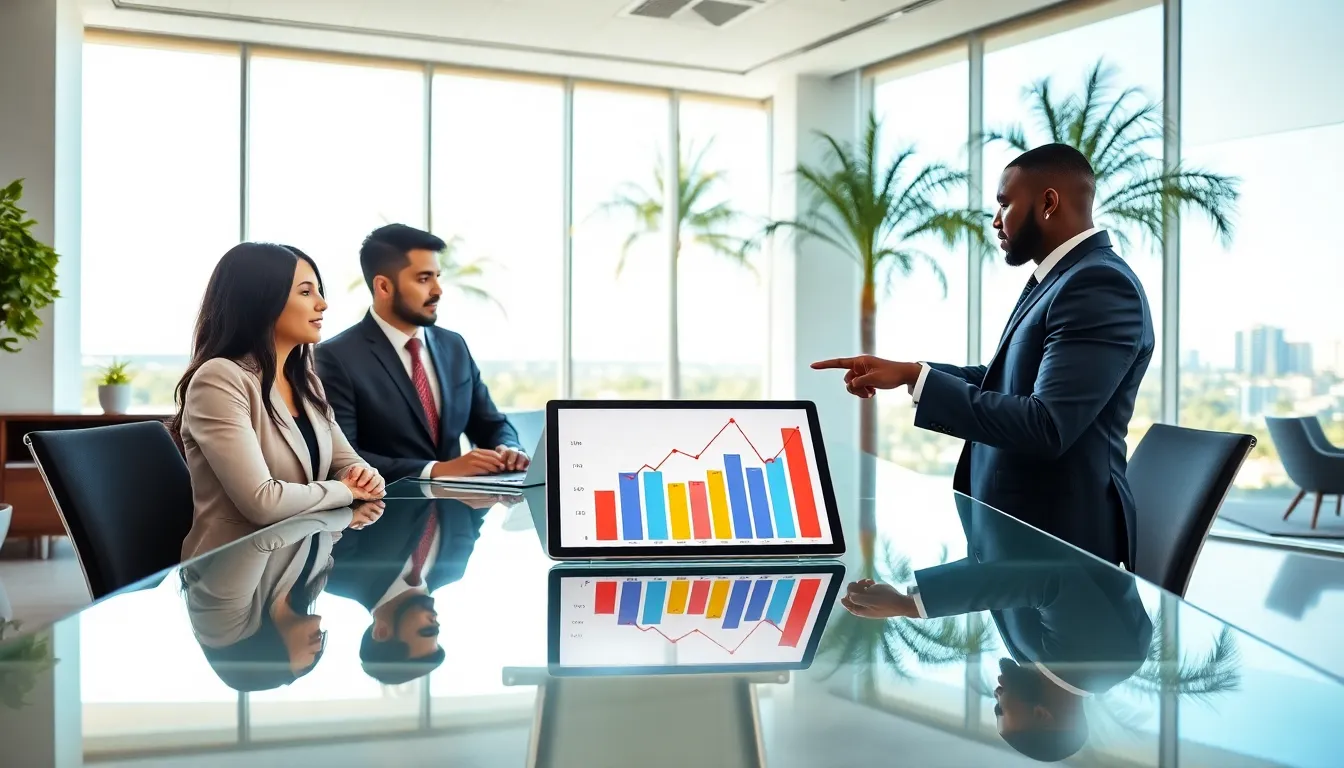 diverse real estate professionals discussing market trends in a modern office.