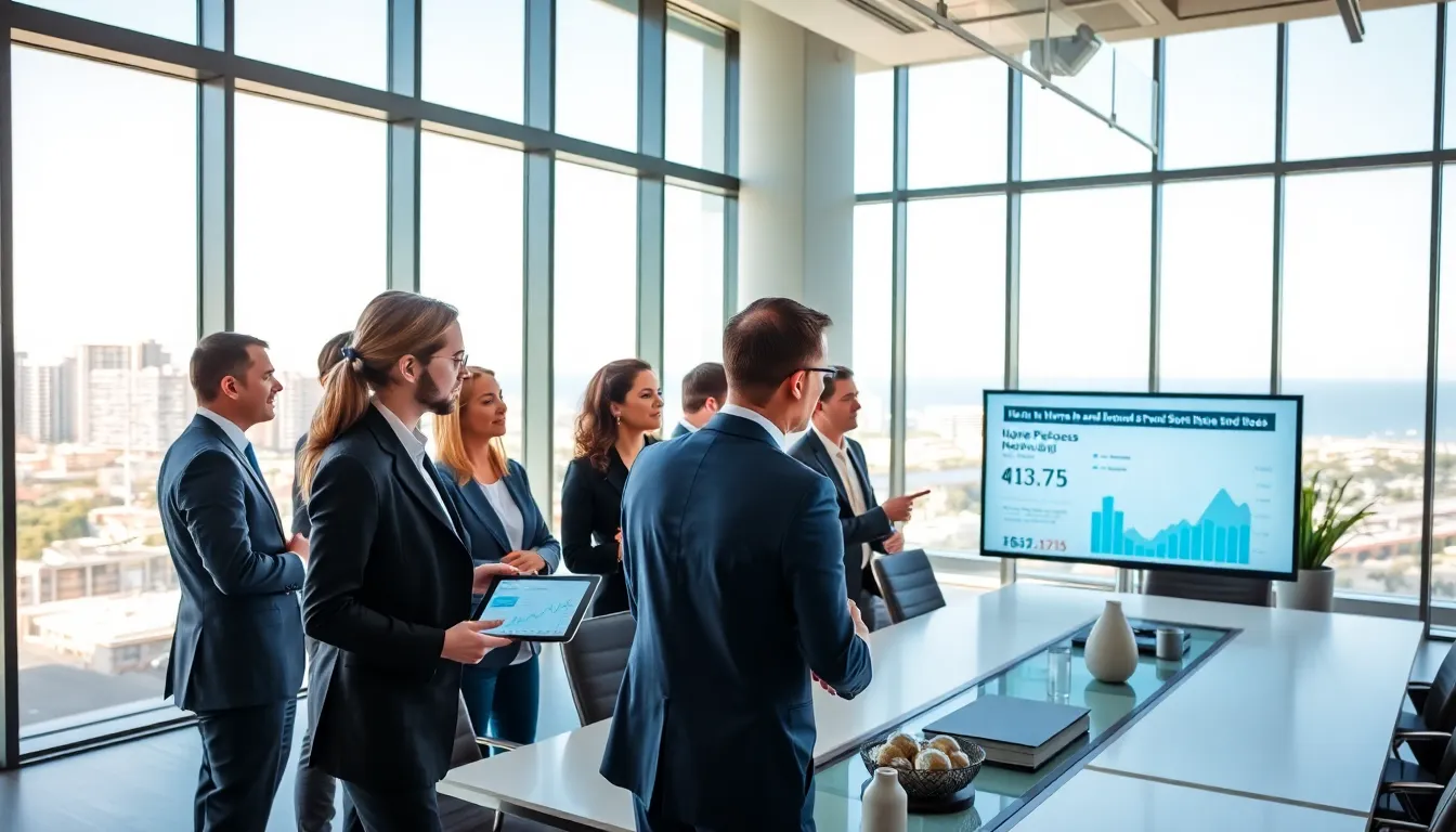 diverse real estate team discussing market trends in a modern office.