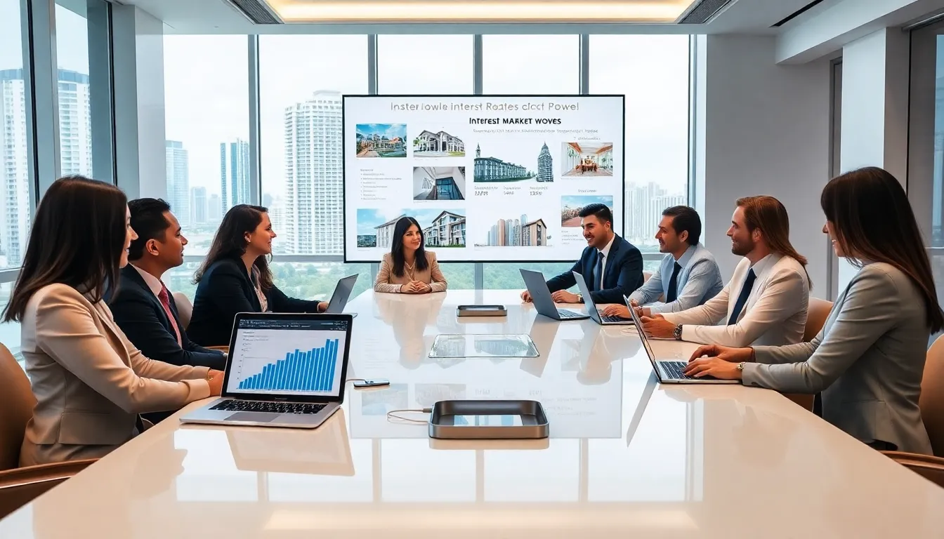 diverse real estate team discussing market trends in a bright office.