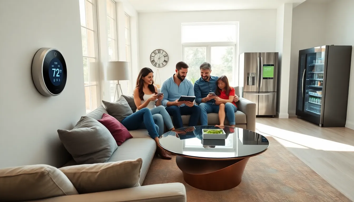 family interacting with smart devices in a modern IoT home.