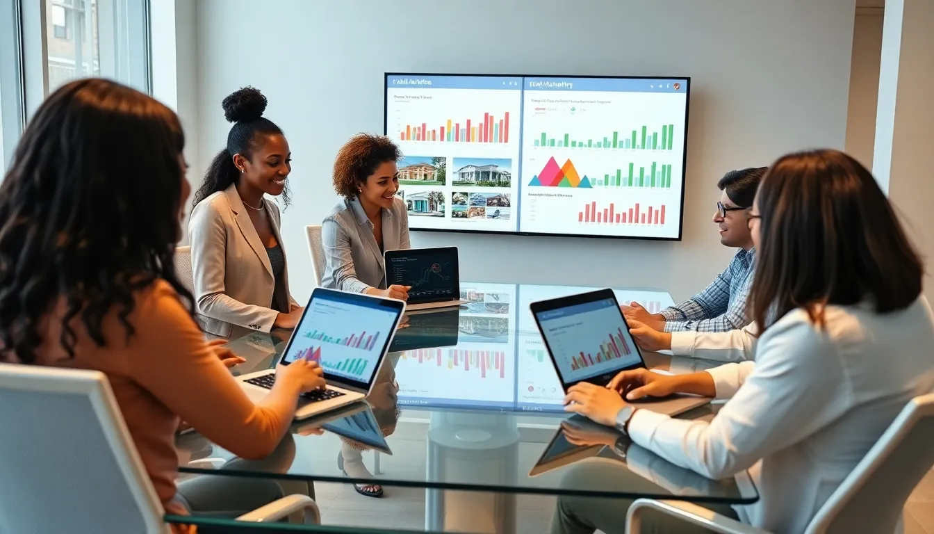real estate agents strategizing digital marketing in a modern office.