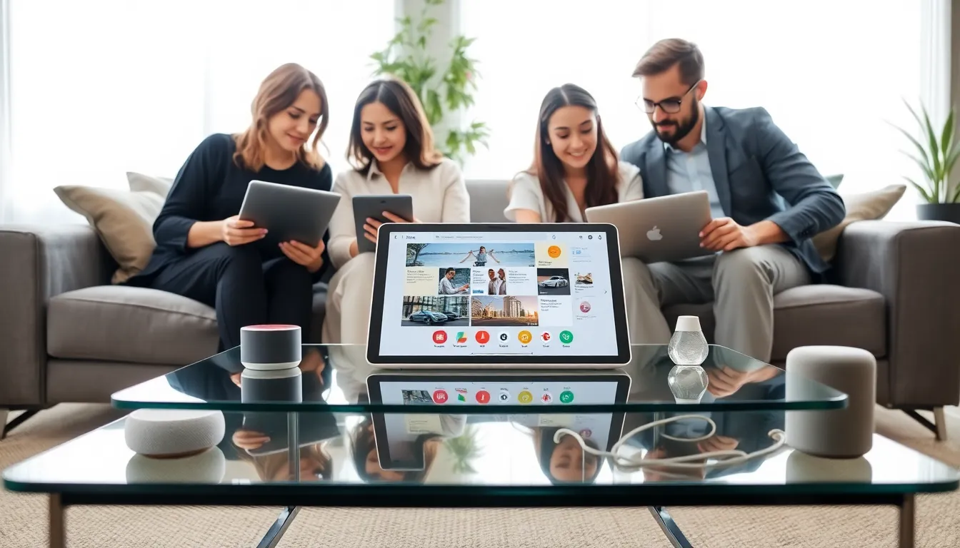 A Google Home Tablet on a coffee table in a modern living room.