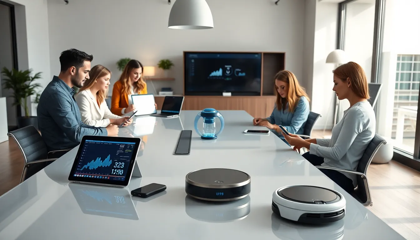 diverse team collaborating with various automated devices in a modern office.