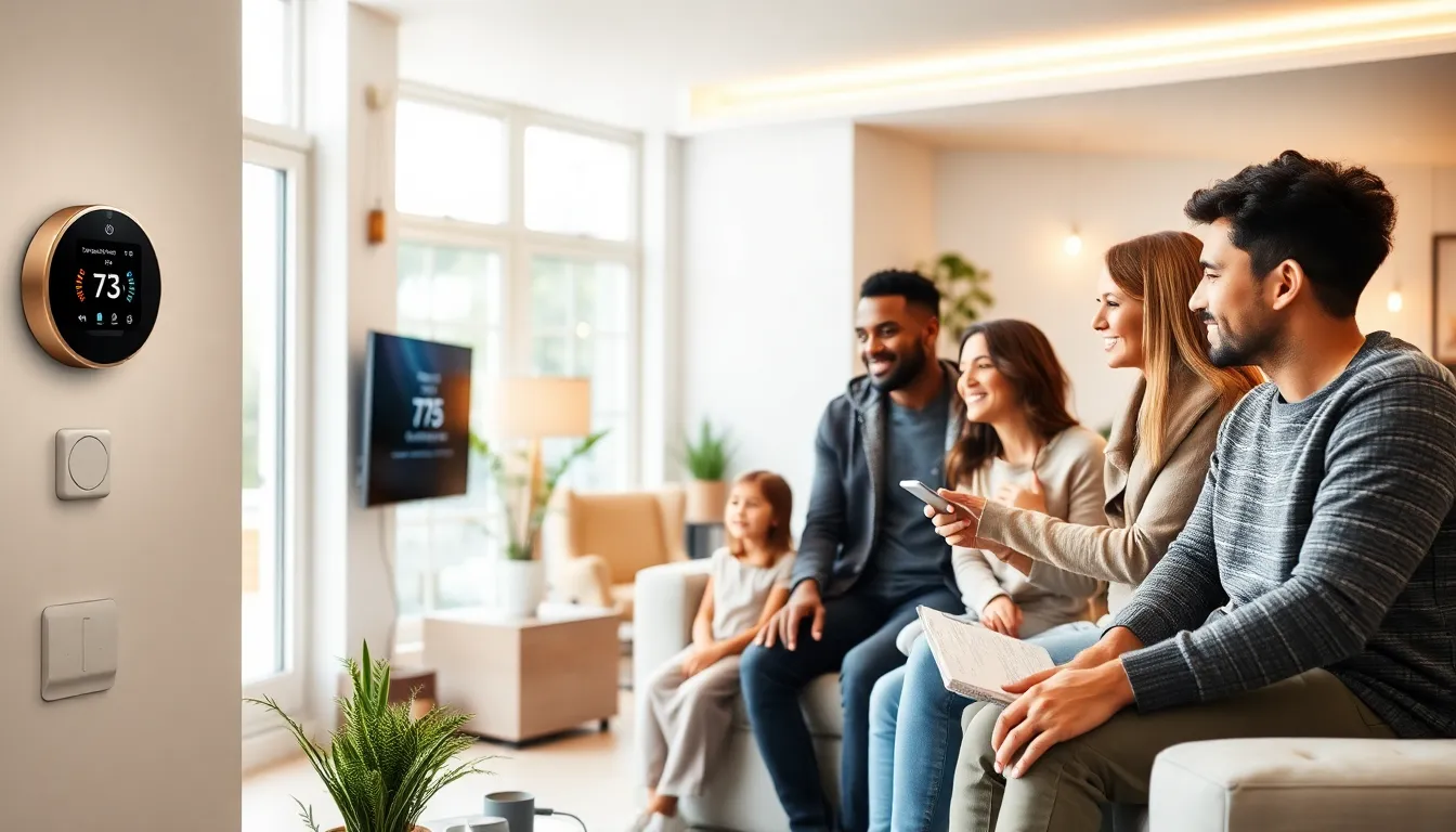 family in a modern living room using smart home technology.