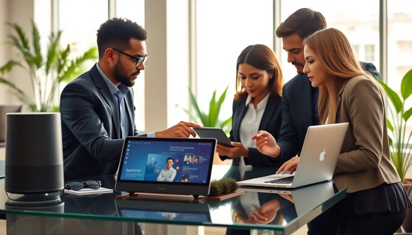 diverse professionals interacting with Google.com devices in a modern office.